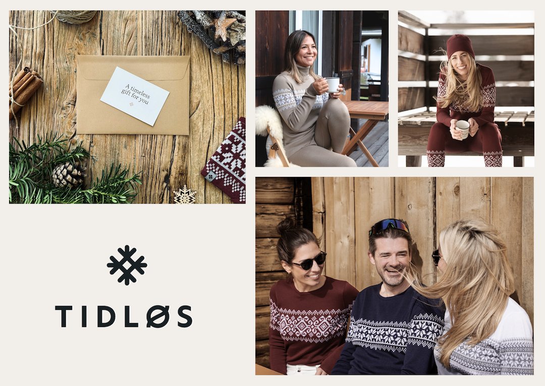 Gift voucher card with people wearing Tidløs clothing